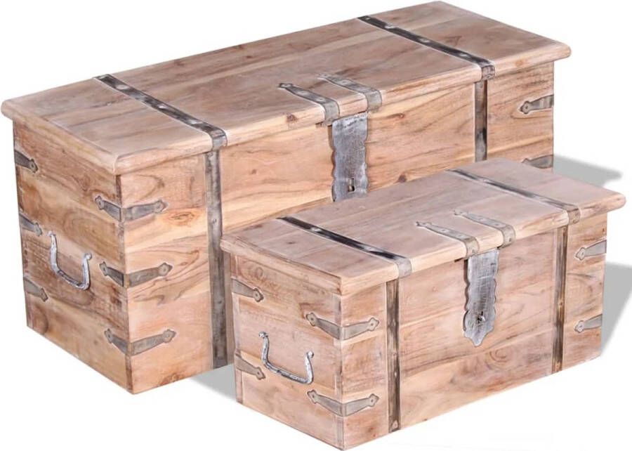 The Living Store Opbergkisten Set Massief Acaciahout Witgeborsteld 83x33x37cm 61x26x27cm Handgrepen Afsluitbaar 2 Stuks