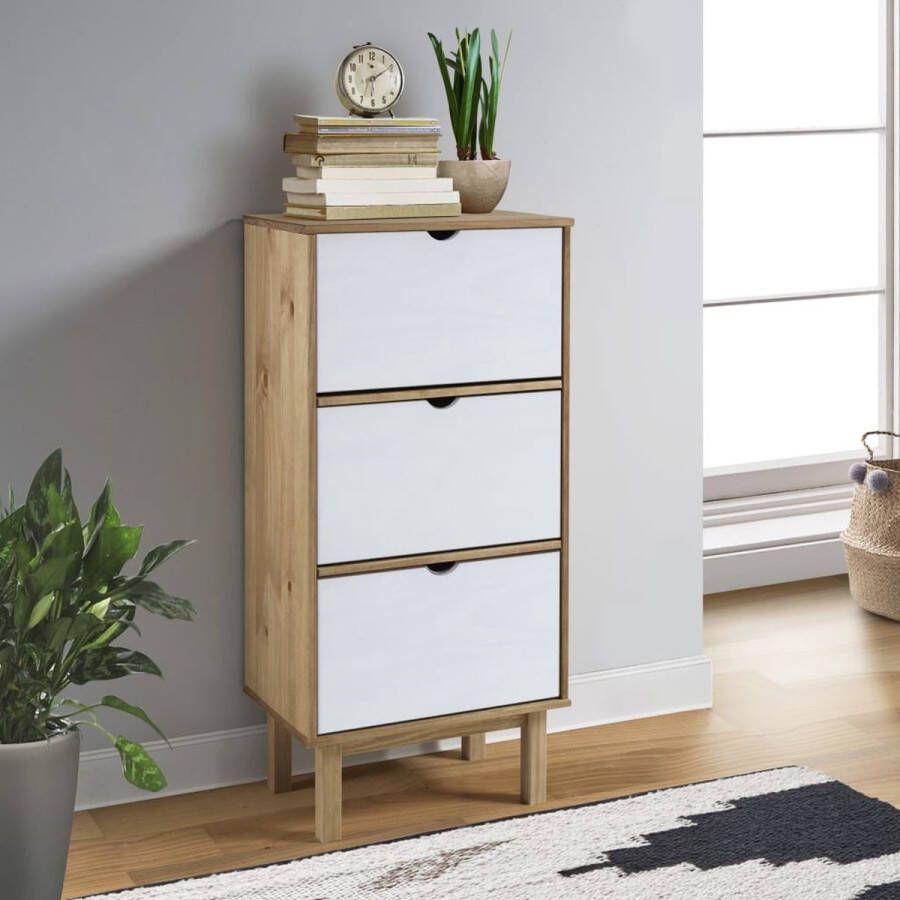 The Living Store OTTA Schoenenkast 55 x 35 x 120 cm Massief grenenhout Bruin en wit