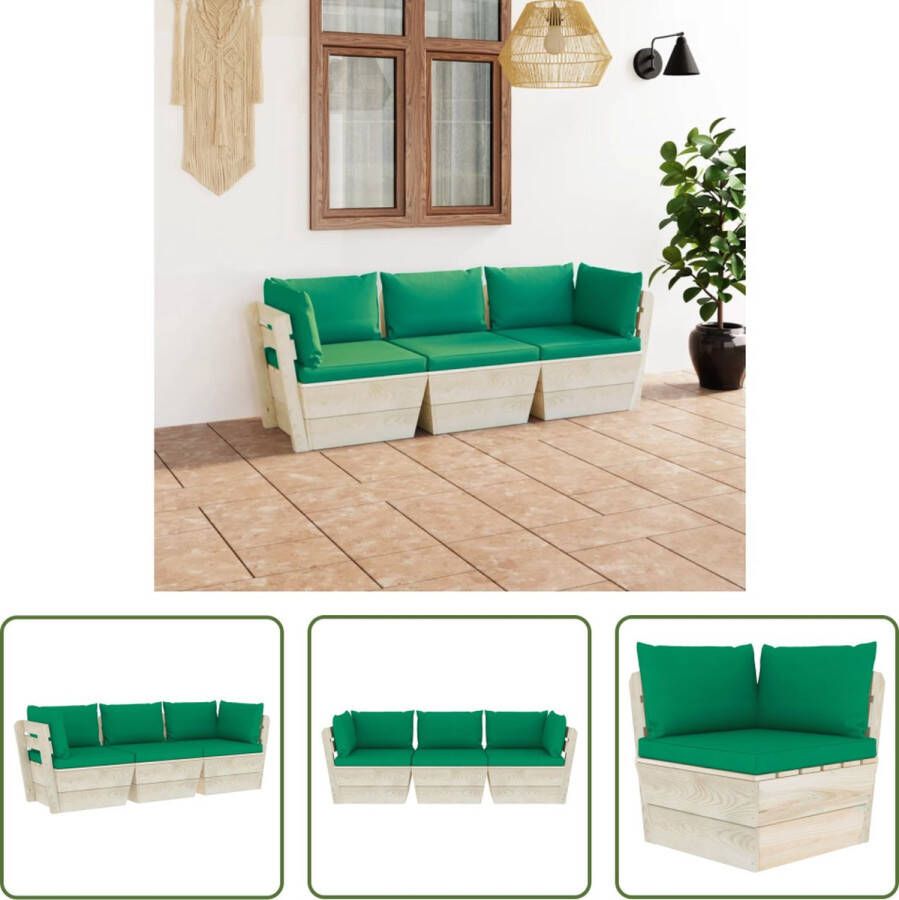 The Living Store Pallet Bank Hoekbank en Middenbank Groen Kussen Geïmpregneerd Vurenhout 60 x 60 x 65 cm Montage vereist