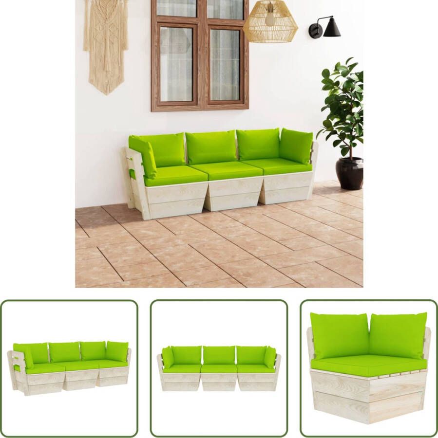 The Living Store Pallet Bank Houten 3-zits Helder Groene Kussens 60x60x65cm