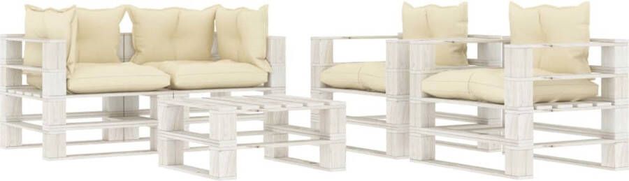 The Living Store Pallet loungeset 2 hoekbanken 1 tafel 2 armstoelen Grenenhout 70x67.5x60.8 cm Crème wit Montage vereist