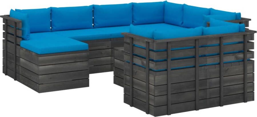 The Living Store Pallet Loungeset Grenenhout Complete Tuinmeubelset Lichtblauwe Kussens Modulair Ontwerp Montage Vereist