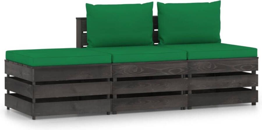 The Living Store Pallet Loungeset Grenenhout Groen Kussen Modulair Design 2 Middenbanken 1 Tafel Voetenbank