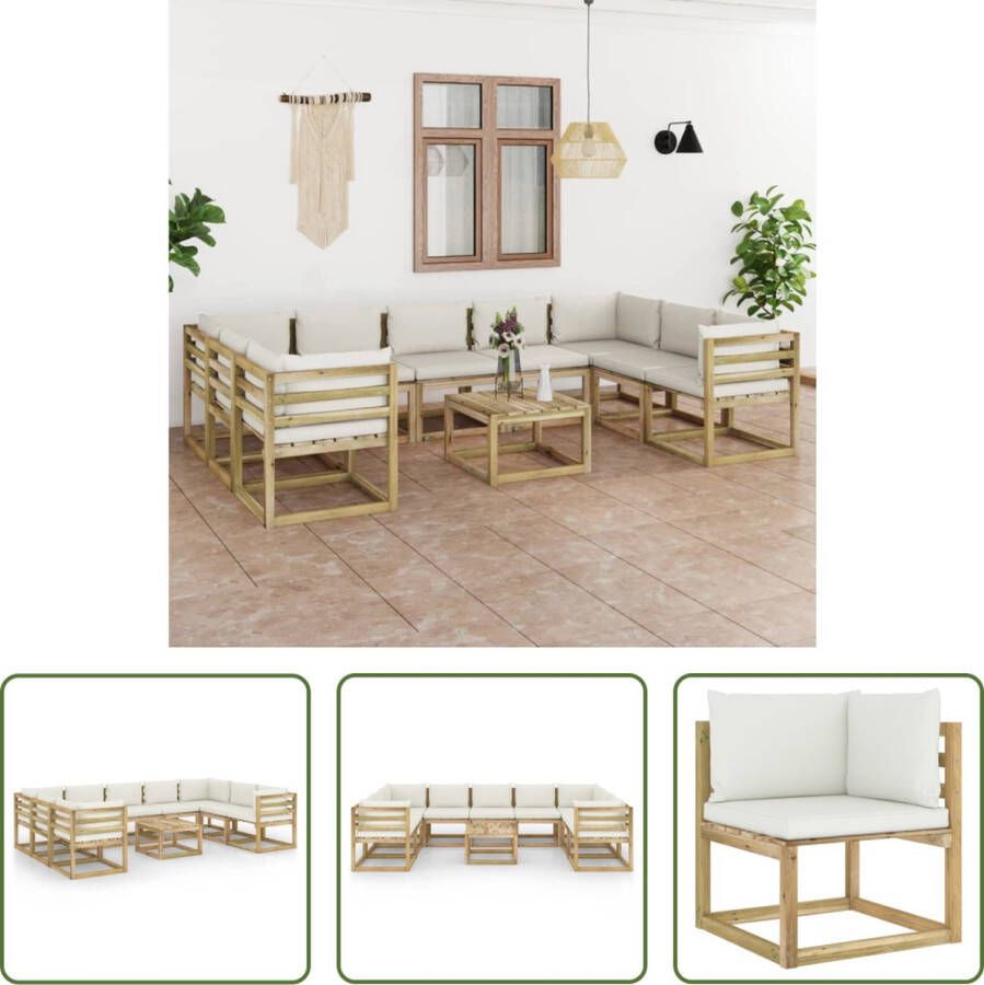 The Living Store Pallet Loungeset Grenenhout Hoekbank (64x64x70 cm) Middenbank (60x64x70 cm) Tafel (60x60x36.5 cm) Crèmewitte kussens Montage vereist Inclusief 9 zitkussens en 13 rug zijkussens