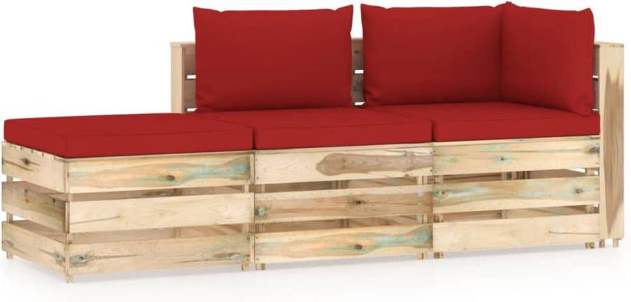 The Living Store Pallet Loungeset Grenenhout Hoekbank 69x70x66 cm Middenbank 60x70x66 cm Tafel voetenbank 60x62x37 cm Rood kussen