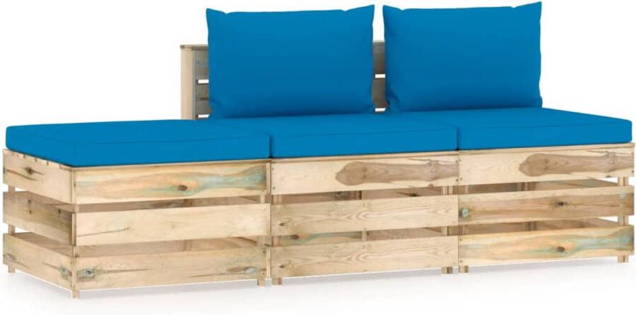 The Living Store Pallet Loungeset Grenenhout Lichtblauwe kussens 2x middenbank 1x tafel voetenbank
