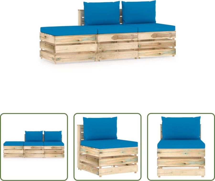 The Living Store Pallet Loungeset Grenenhout Lichtblauwe kussens 2x middenbank 1x tafel voetenbank