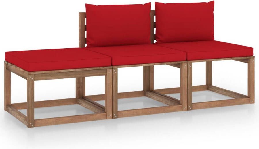 The Living Store Pallet Loungeset Grenenhout Middenbank 60x64x70cm Voetenbank 60x60x36.5cm Rood kussen Montage vereist