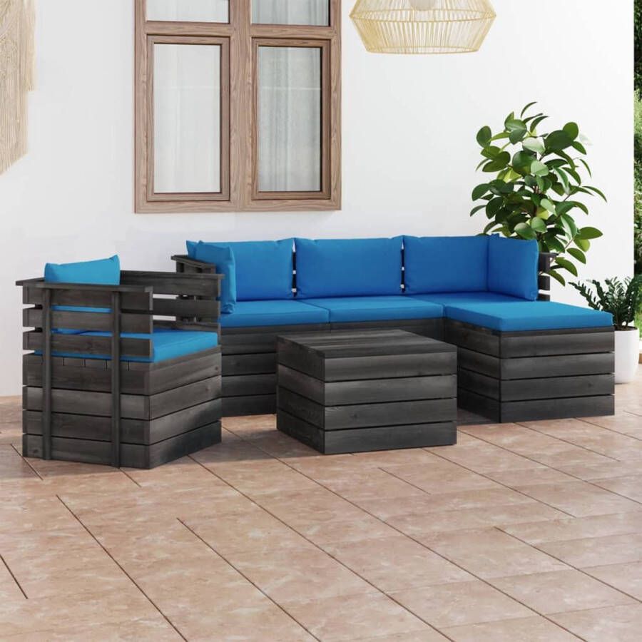 The Living Store Pallet Loungeset Grenenhout Tuinmeubelset 60x60x41.5 cm Lichtblauwe kussens