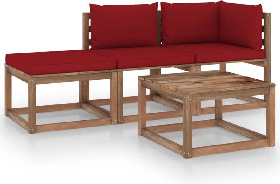 The Living Store Pallet Loungeset Hoekbank 64x64x70cm Middenbank 60x64x70cm Tafel Voetenbank 60x60x36.5cm Wijnrood kussen