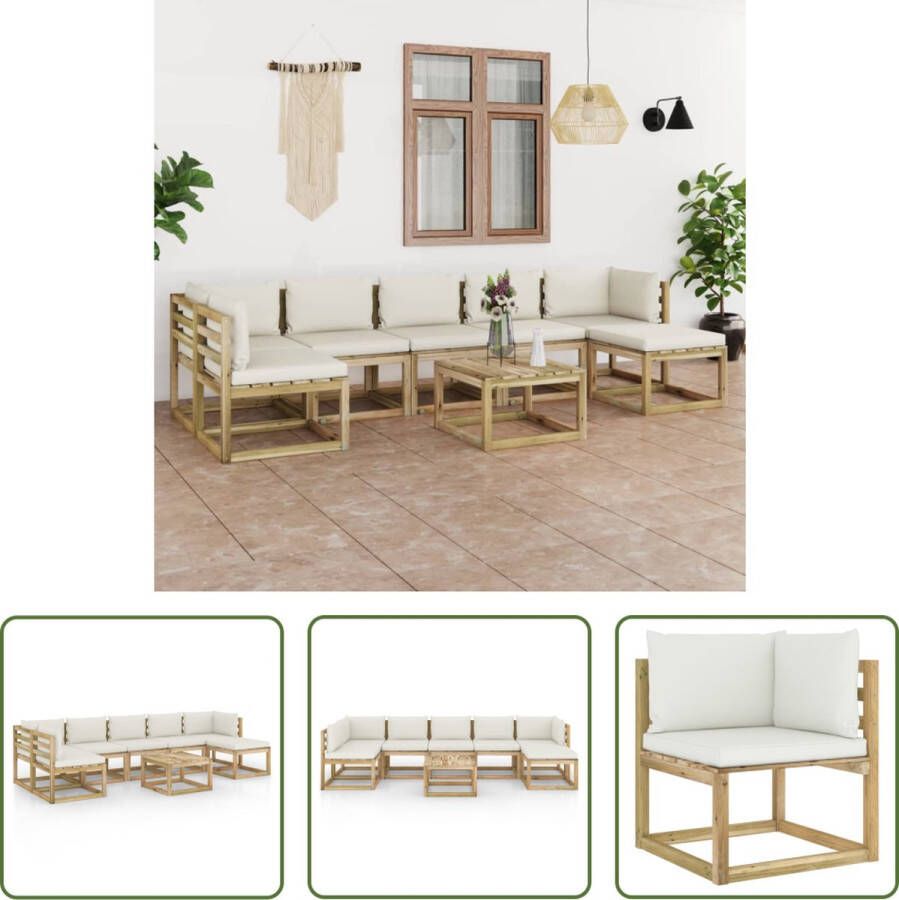 The Living Store Pallet Loungeset Hoekbank 64x64x70cm Middenbank 60x64x70cm Tafel Voetenbank 60x60x36.5cm Crèmewit kussen