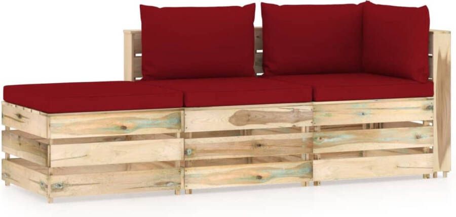 The Living Store Pallet Loungeset Hoekbank Middenbank Tafel Voetenbank 69 x 70 x 66 cm Grenenhout Wijnrood