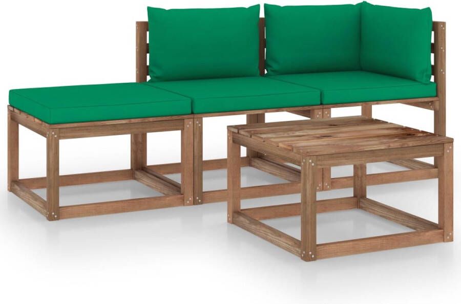The Living Store Pallet Loungeset Hoekbank Middenbank Tafel Voetenbank Groen Kussen Grenenhout Afmetingen- 64x64x70cm (hoekbank) 60x64x70cm (middenbank) 60x60x36.5cm (tafel voetenbank) Montage vereist
