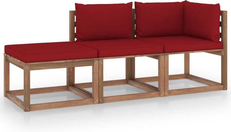 The Living Store Pallet Loungeset Hoekbank Middenbank Voetenbank 64x64x70cm Wijnrood kussen Grenenhout Montage vereist