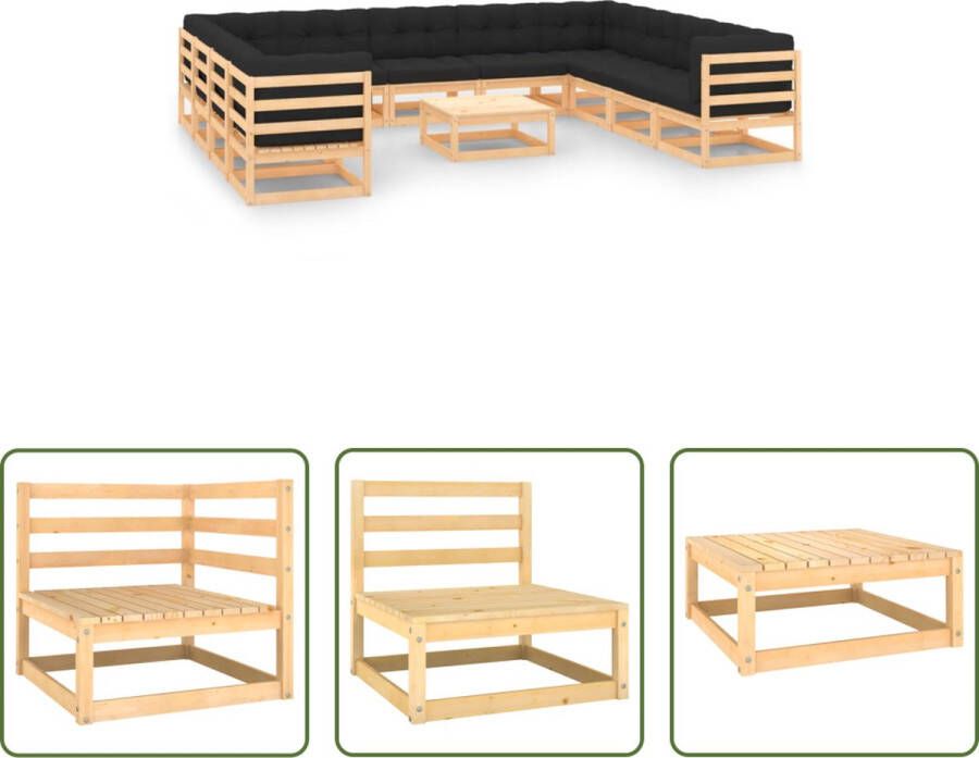 The Living Store Pallet Loungeset Hoek Middenbank 70x70x67cm Tafel Voetenbank 70x70x30cm Antraciet Kussen