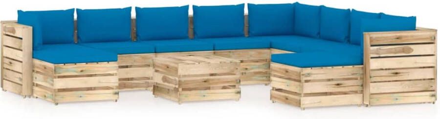 The Living Store Pallet Loungeset meubelset 5 x middenbank 3 x hoekbank 3 x tafel voetenbank lichtblauw kussen grenenhout groen geïmpregneerd 69 x 70 x 66 cm (B x D x H)