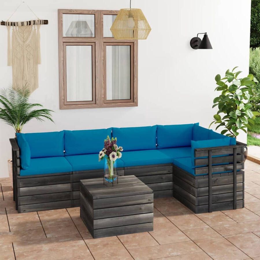 The Living Store Pallet Loungeset Tuinmeubelset Massief grenenhout Modulair design Lichtblauwe kussens