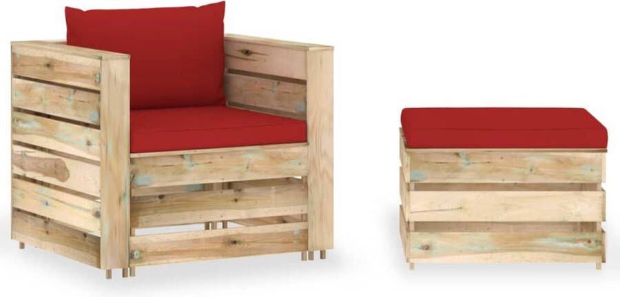 The Living Store Pallet Loungeset Tuinmeubelset van geïmpregneerd grenenhout Rode kussens Modulair design 60x62x37cm tafel voetenbank 77x70x66cm eenzitsbank
