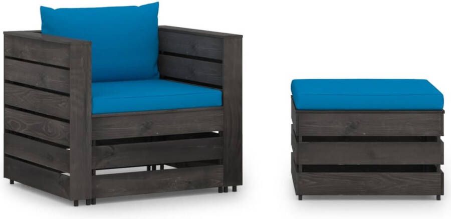 The Living Store Pallet loungeset tuinset van geïmpregneerd grenenhout lichtblauwe kussens modulair design 1 tafel voetenbank 1 eenzitsbank