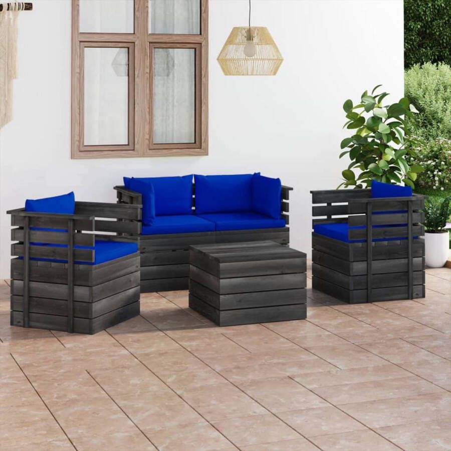 The Living Store Pallet Tuinset Armstoel en Hoekbank Massief Grenenhout Blauwe Kussens