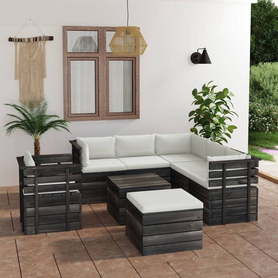 The Living Store Pallet Tuinset Armstoel Middenbank Hoekbank Hocker Crèmewit Kussen Grenenhout Polyester