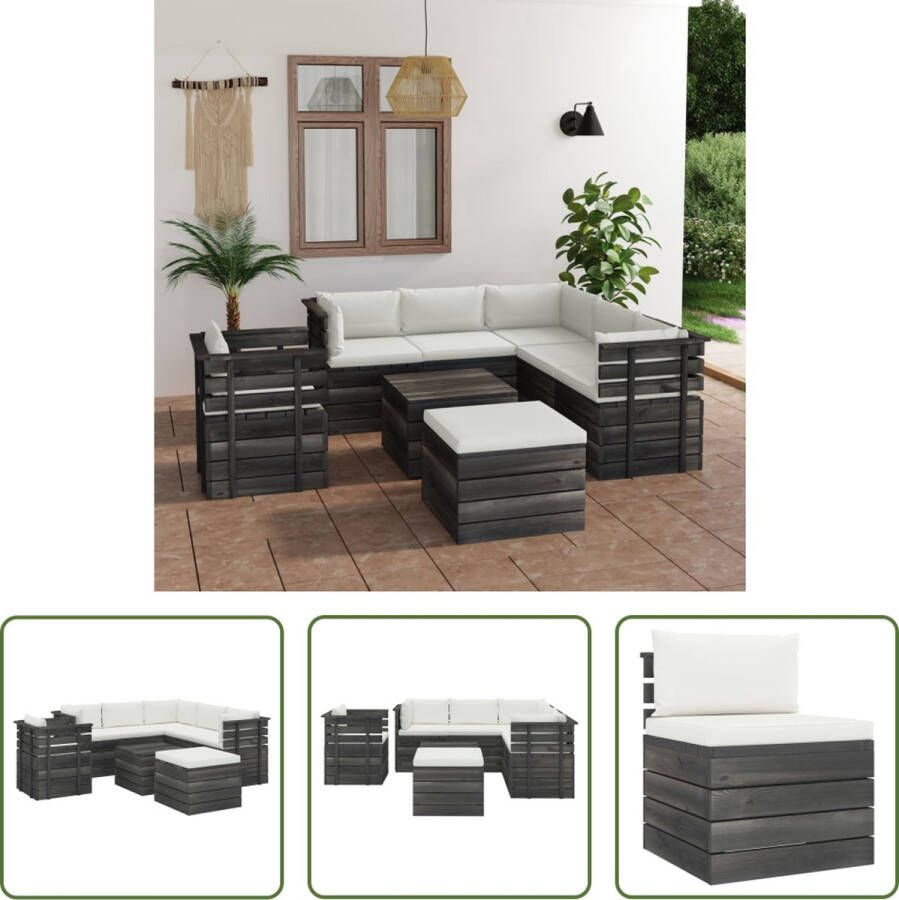 The Living Store Pallet Tuinset Armstoel Middenbank Hoekbank Hocker Crèmewit Kussen Grenenhout Polyester