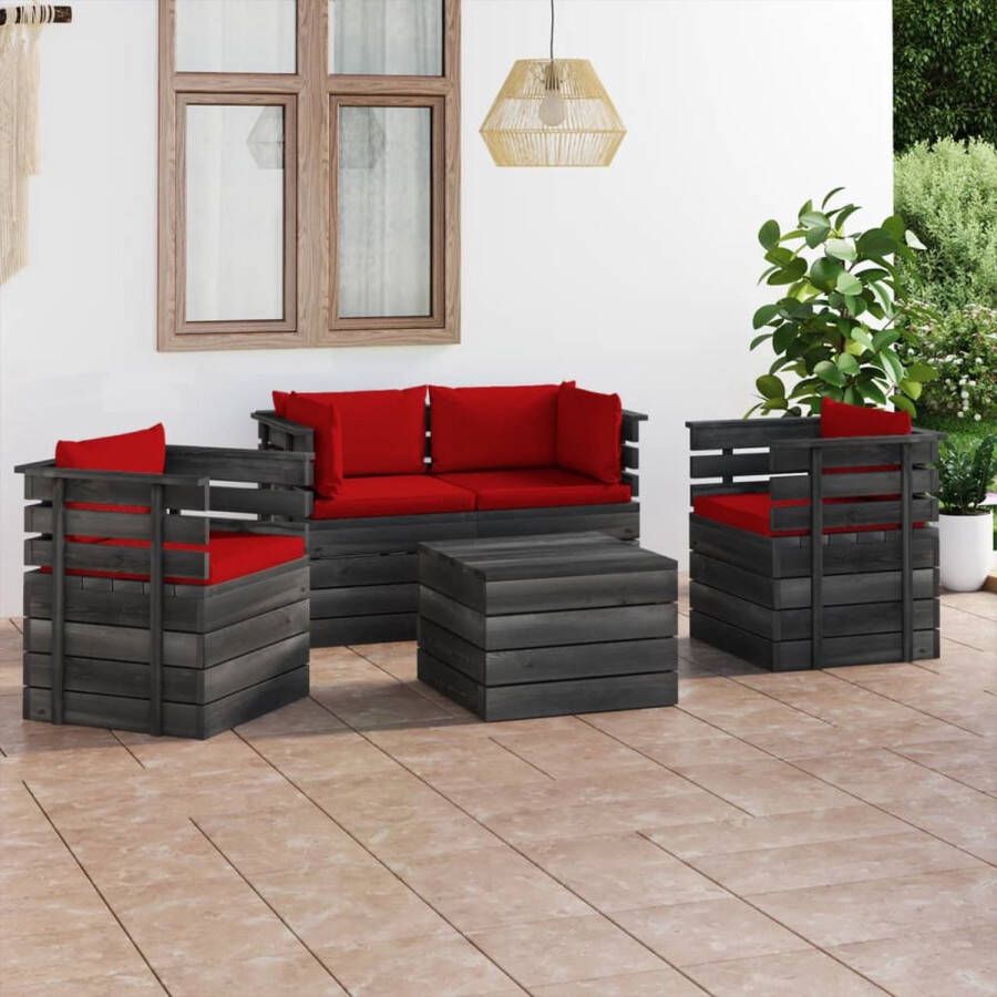The Living Store Pallet Tuinset Massief grenenhout Rood kussen 2 Armstoelen 2 Hoekbanken Tafel Set van 10 kussens
