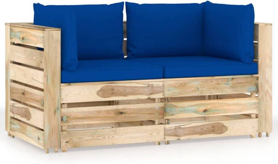The Living Store Palletbank Geïmpregneerd grenenhout 69 x 70 x 66 cm blauwe kussens