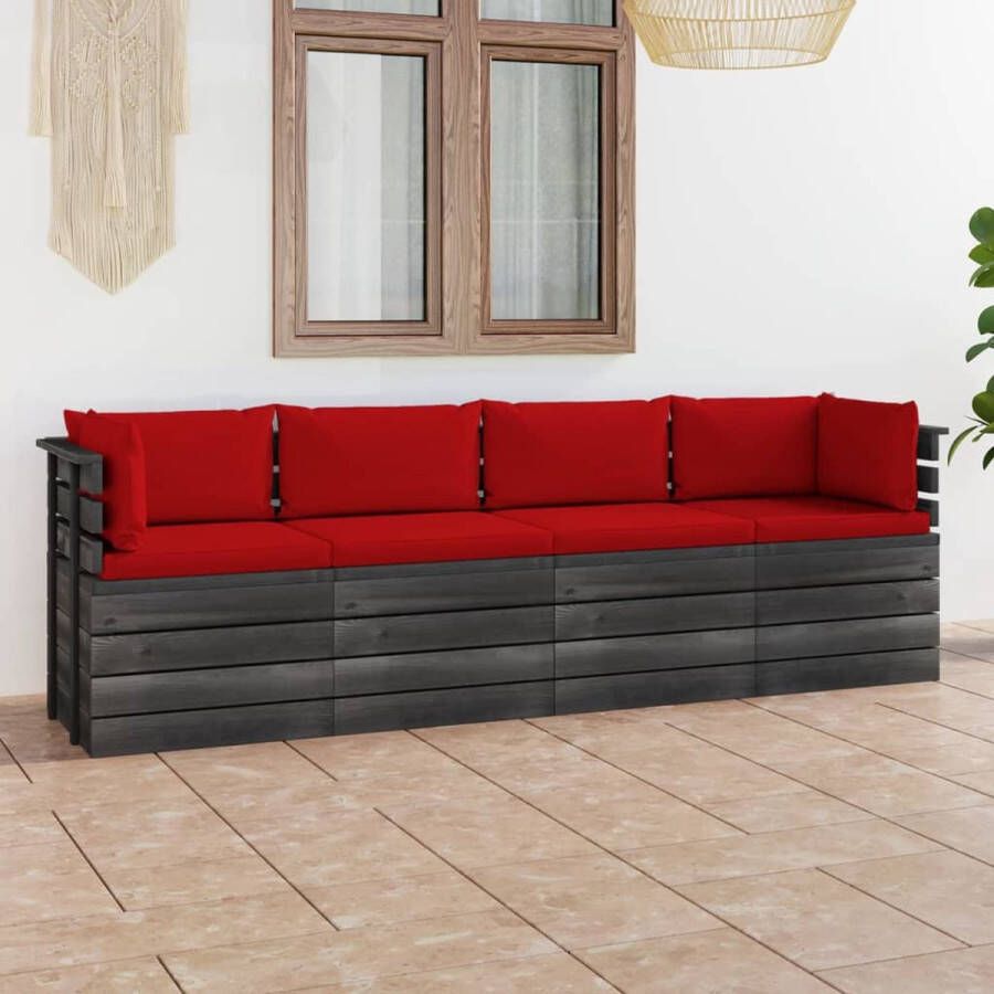 The Living Store Palletbank Grenenhout 60 x 65 x 71.5 cm Rood kussen