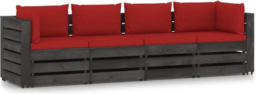 The Living Store Palletbank Oxford Vierzitter 69x70x66 cm Grenenhout Rood kussen