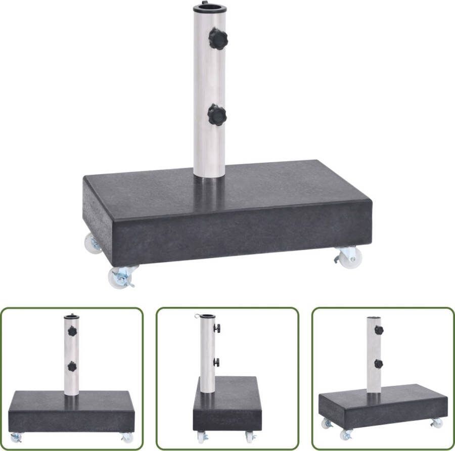 The Living Store Parasolvoet Graniet Zwart 45x25x8 cm RVS Buis Met Wieltjes 2 Adapters