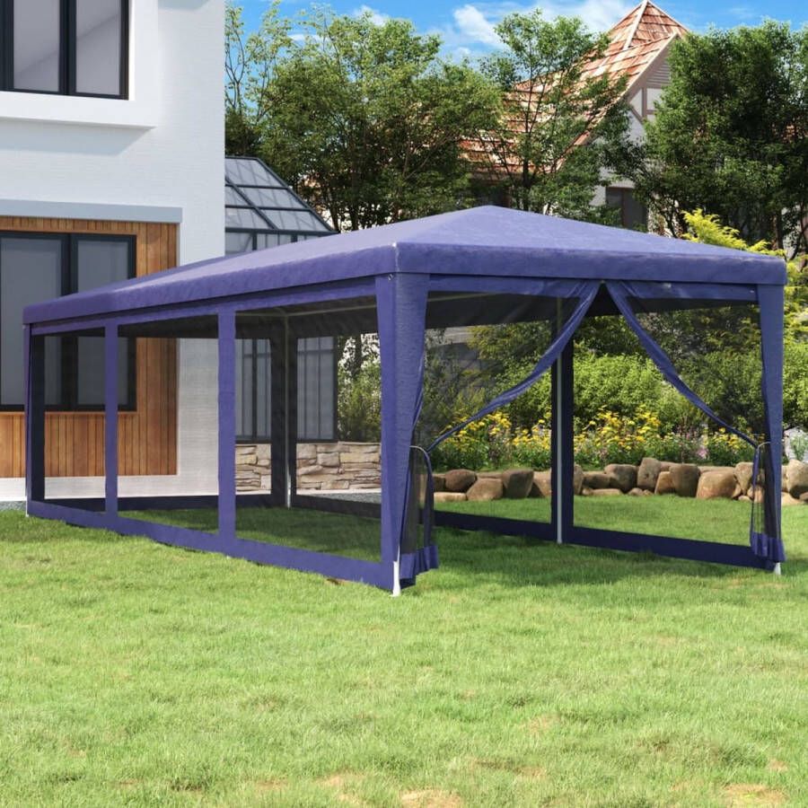 The Living Store Partytent 300x898x258 cm Blauw HDPE Waterbestendig Met 8 mesh zijwanden