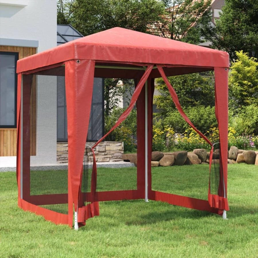 The Living Store Partytent Rode 200x200x240 cm HDPE Materiaal IJzeren Frame Water- en UV-bestendig 4 Mesh zijwanden Inclusief 1x touw en 8x grondpin