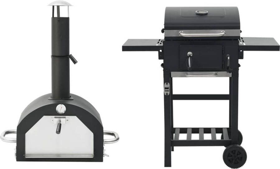 The Living Store Pizzaoven 3-in-1 Multifunctioneel Zwart 97x57x99cm Thermometer Hoogwaardig staal Pizzasteen Zijtafels BBQ Grill Inclusief flessenopener Met wielen Montage vereist