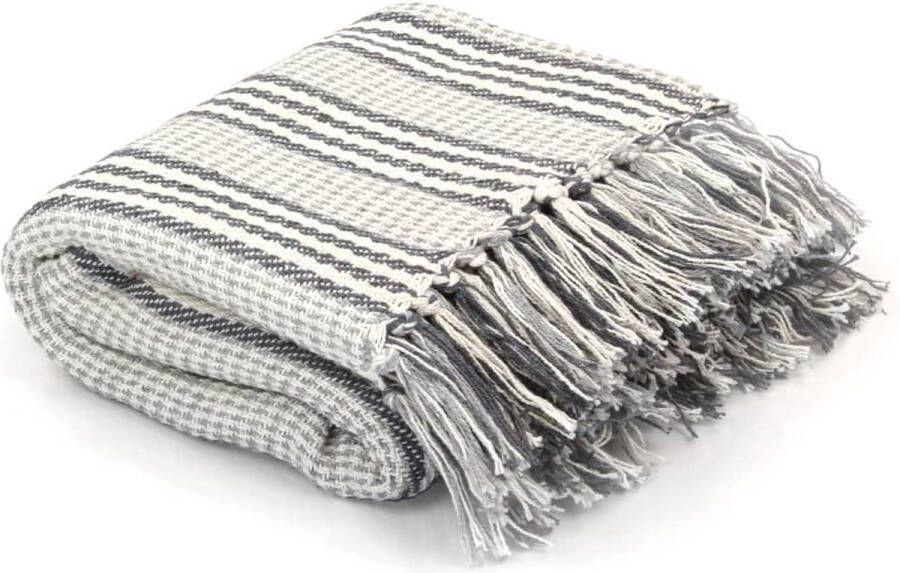 The Living Store Plaid Ruit Gerecycled Katoen 125 x 150 cm Grijs en wit