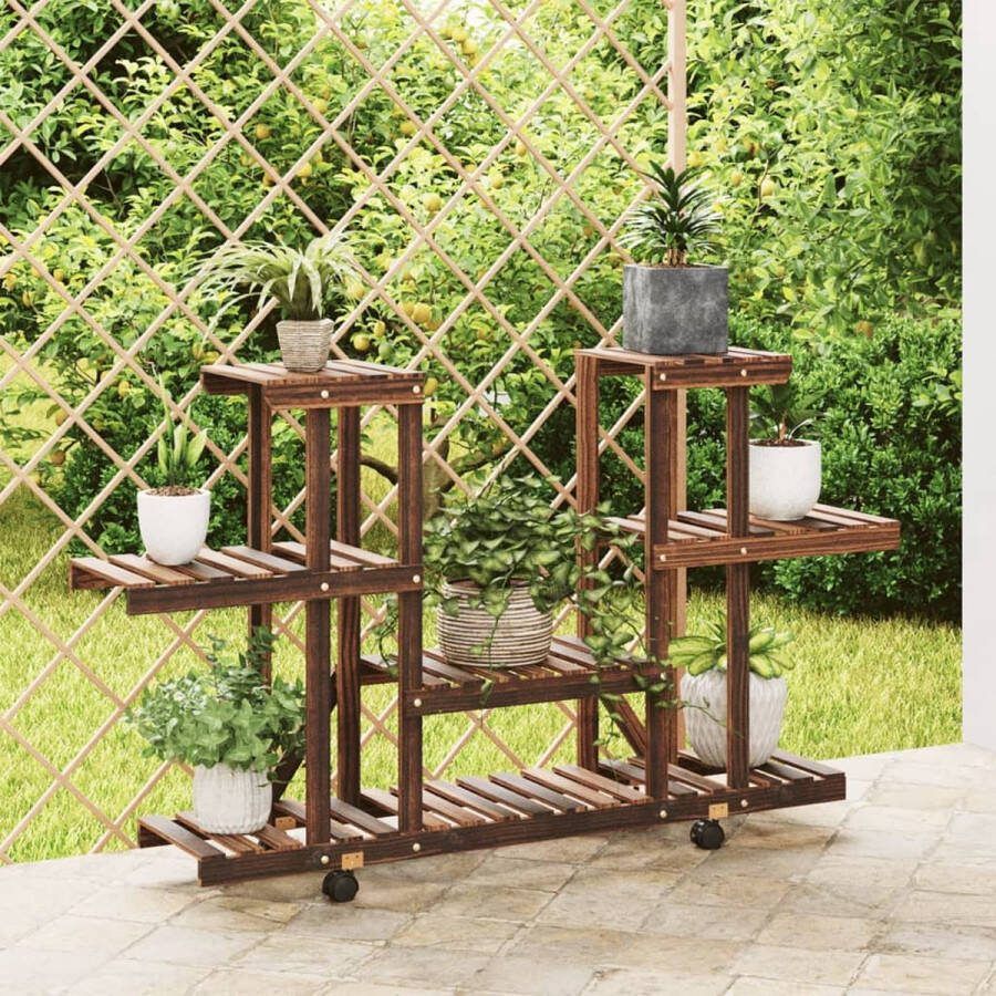 The Living Store Plantenstandaard Vurenhout 110 x 25 x 78 cm Retro Stijl Wieltjes