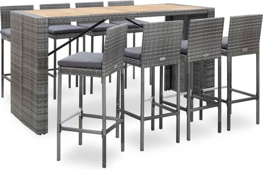 The Living Store Poly Rattan Barset Vintage Stijl Acaciahouten Tafel Grijs 200 x 80 x 110 cm 8 Barstoelen Inclusief Kussens