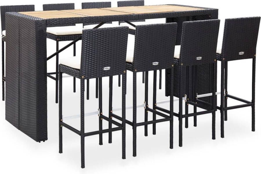 The Living Store Poly Rattan Barset Zwart Tafel 200x80x110 cm Stoel 40x44x108 cm Incl Kussens Massief Acaciahout Gepoedercoat Staal Montage vereist 8x Barstoel 8x Zitkussen