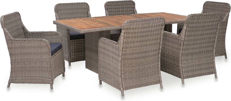 The Living Store Poly Rattan Eetset Bruin en Donkergrijs 200 x 100 x 74 cm 6 x Armstoel PE Rattan Acaciahout Gepoedercoat Staal Montage vereist