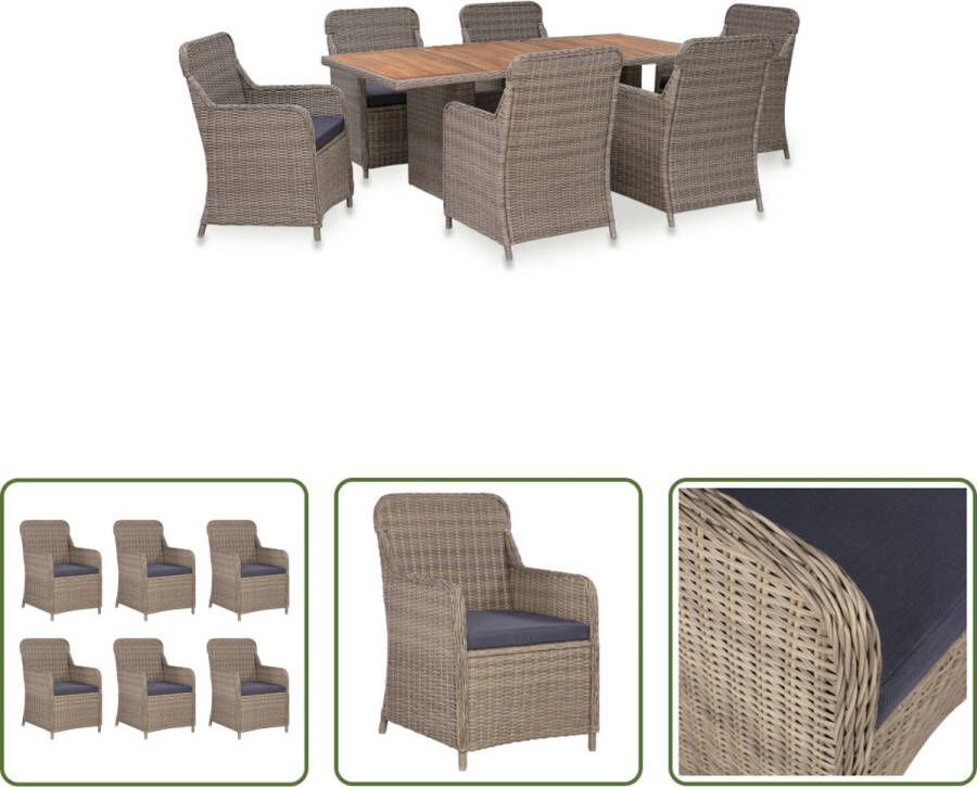 The Living Store Poly Rattan Eetset Bruin en Donkergrijs 200 x 100 x 74 cm 6 x Armstoel PE Rattan Acaciahout Gepoedercoat Staal Montage vereist