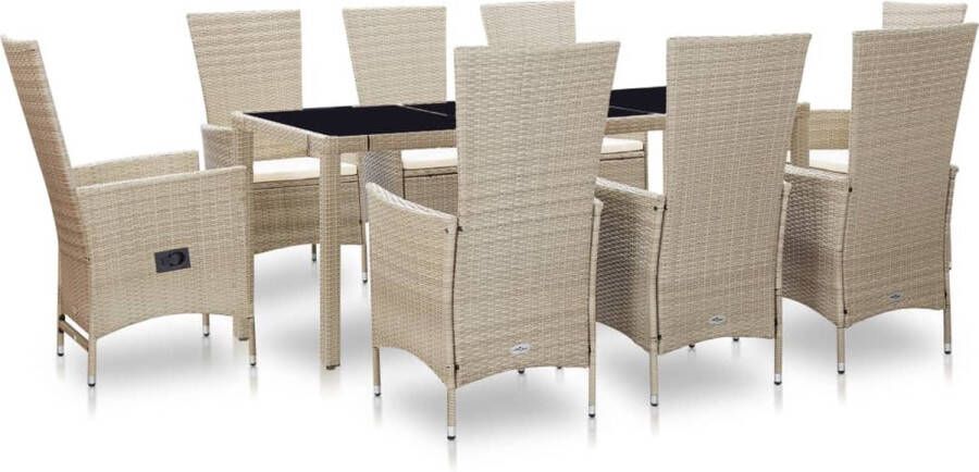 The Living Store Poly Rattan Tuinset Eethoek Beige 190x90x75 cm Inclusief 8 Stoelen (2 Verstelbaar) Inclusief Kussens