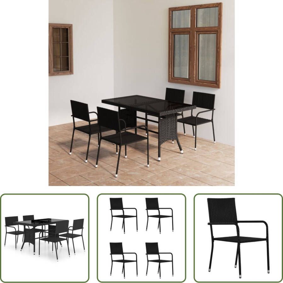 The Living Store Poly Rattan Tuinset Eettafel en stoelen PE-rattan Stalen frame Glas tafelblad Lichtgewicht en stapelbaar 140x80x74cm Zwart Eenvoudig schoon te maken Montage vereist Inclusief 1 tafel en 4 stoelen