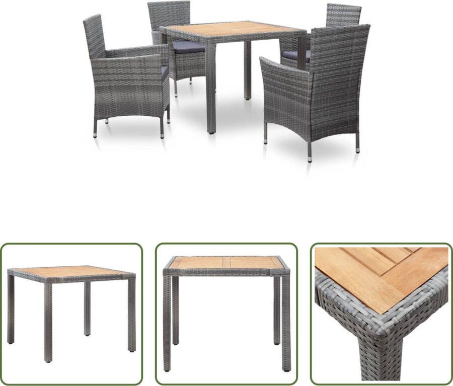 The Living Store Poly Rattan Tuinset Grijs Eettafel met Acaciahouten Blad 90x90x75 cm Inclusief 4 Stoelen en Kussens