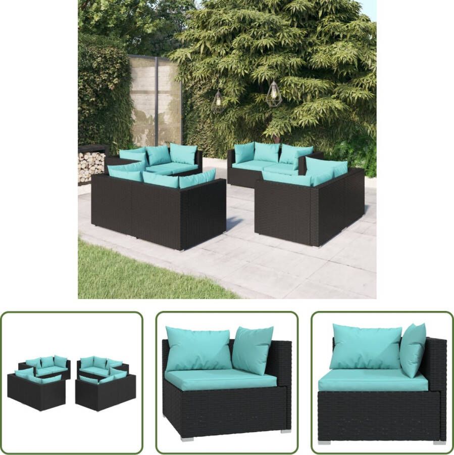 The Living Store Poly Rattan Tuinset Modulaire Opstelling Waterbestendig Stevig Stalen Frame Comfortabele Kussens Zwart Waterblauw 70x70x60.5 cm 8 Hoekbanken Montage vereist