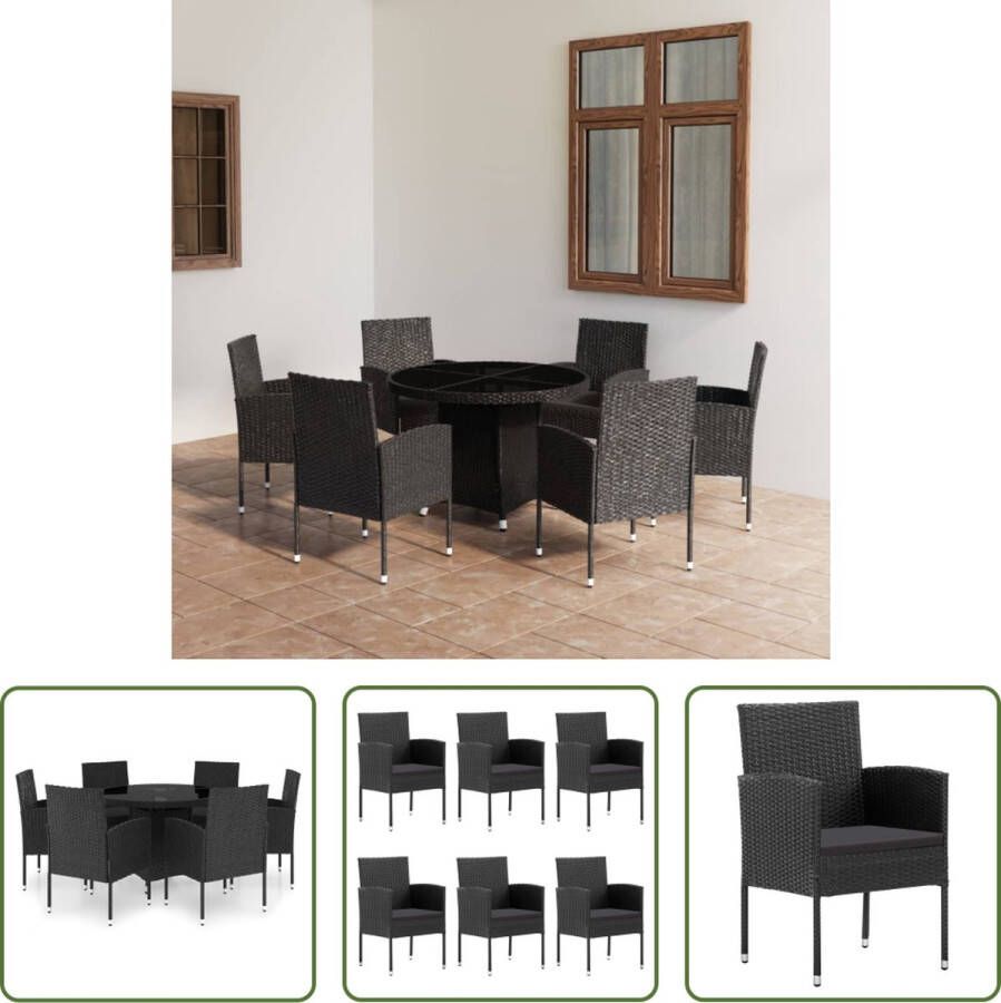 The Living Store Poly Rattan Tuinset Tafel- 110 x 74 cm Stoel- 52 x 56 x 88 cm Zwart PE-rattan en staal Met glazen tafelblad Inclusief 6 stoelen en kussens