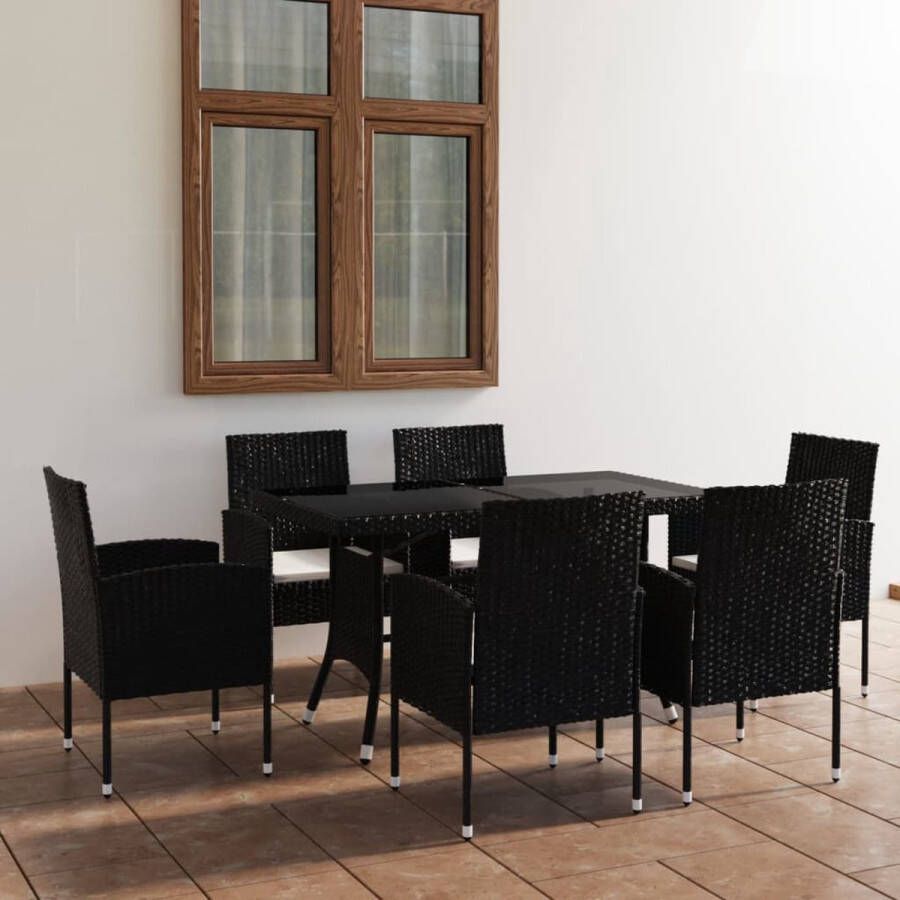 The Living Store Poly Rattan Tuinset Zwart Eettafel 140x80x74 cm Stoel 52x56x88 cm Crèmewit kussen