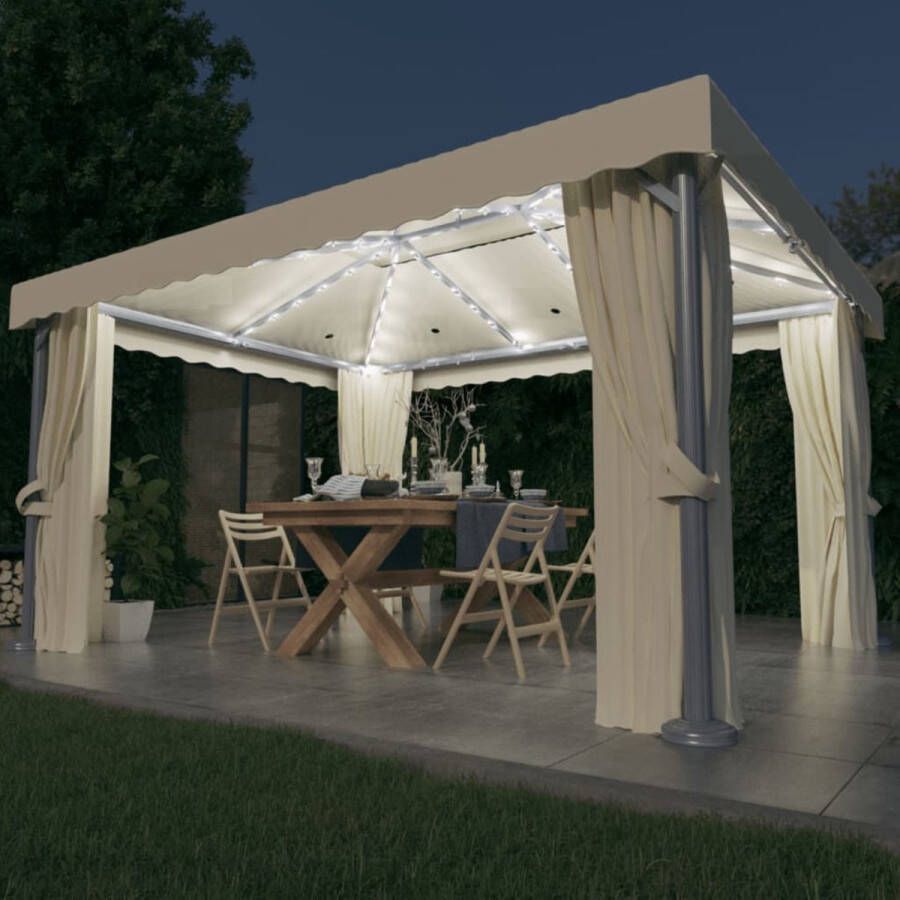 The Living Store Prieel Alu Steel Polyester 4x3m Crèmewit Dubbel dak Waterdicht Inclusief gordijnen en horren