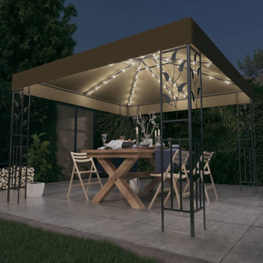 The Living Store Prieel Gazebo 3x3m Taupe Stof met PA-coating Gepoedercoat Staal Met Lichtslinger 43 LEDs Zonne-energie Montage vereist