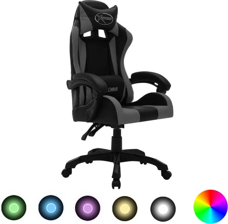 The Living Store Gamestoel Luxe gaming stoel Kunstleer Verstelbaar Met LED verlichting Grijs Zwart 64 x 65 x (111.5 119) cm