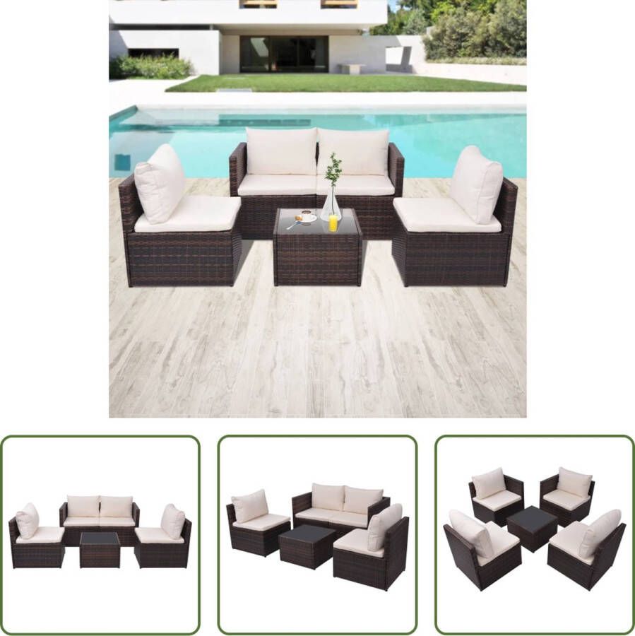 The Living Store Rattan loungeset Bruin 2 bankdelen (met armleuning) 2 bankdelen (zonder armleuning) 1 salontafel 4 zitkussens 4 rugkussens